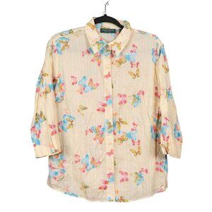 Lemon Grass Button Up Shirt L Womens Y2K Yellow Butterfly 3/4 Sleeve Cotton